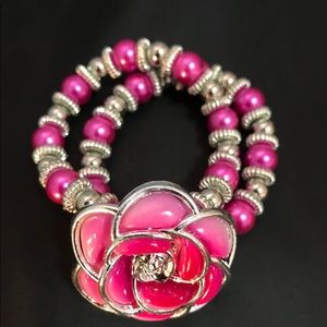 Hot pink flower beaded double crossed charm bracelet